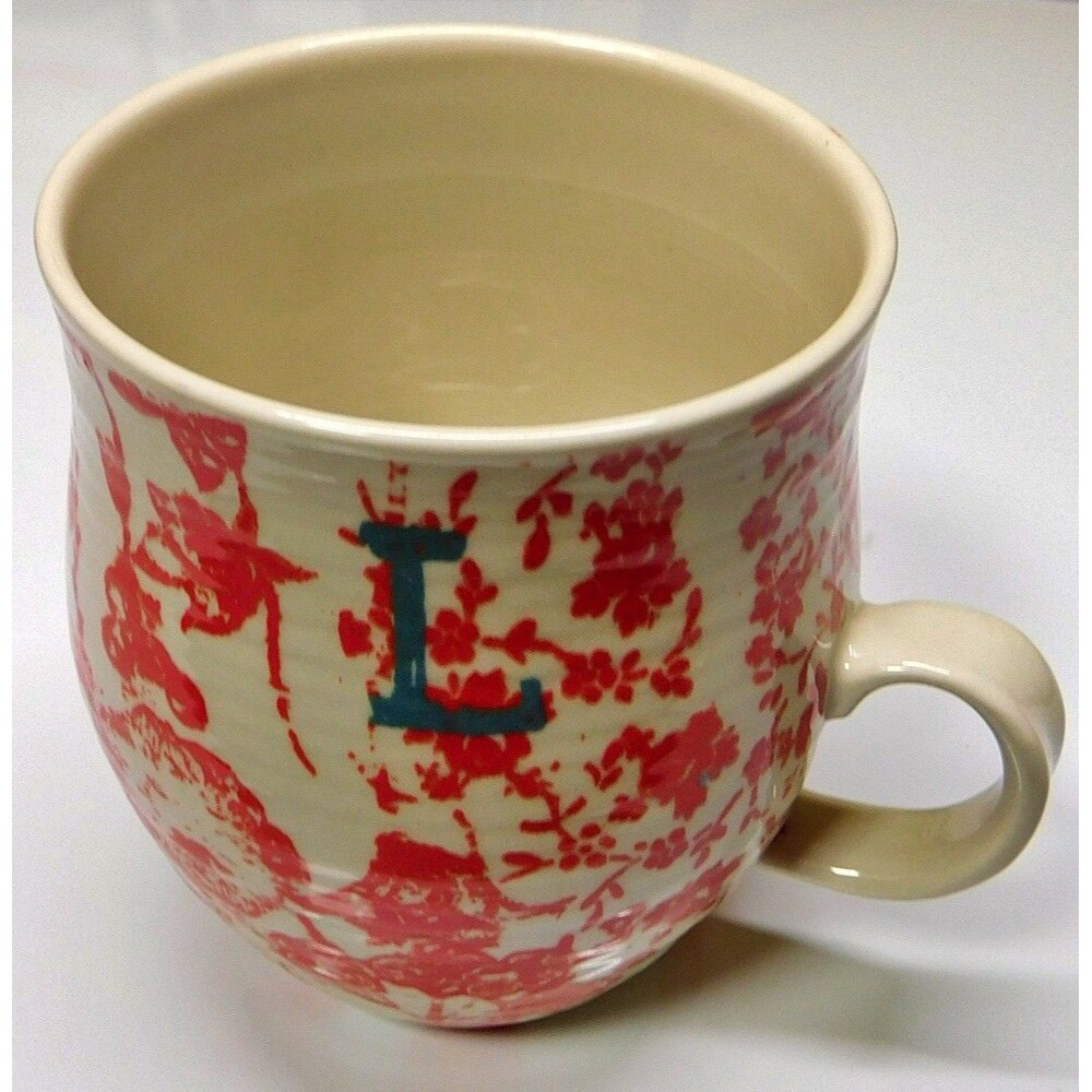 Anthropologie Homegrown Monogram Mug "L" Red Floral Ceramic Coffee Cup